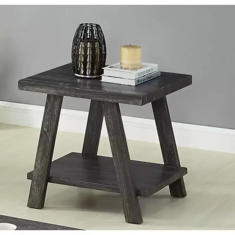 Guéridon de canapé Athens contemporain avec étagère en bois répliqué au fini charbon
