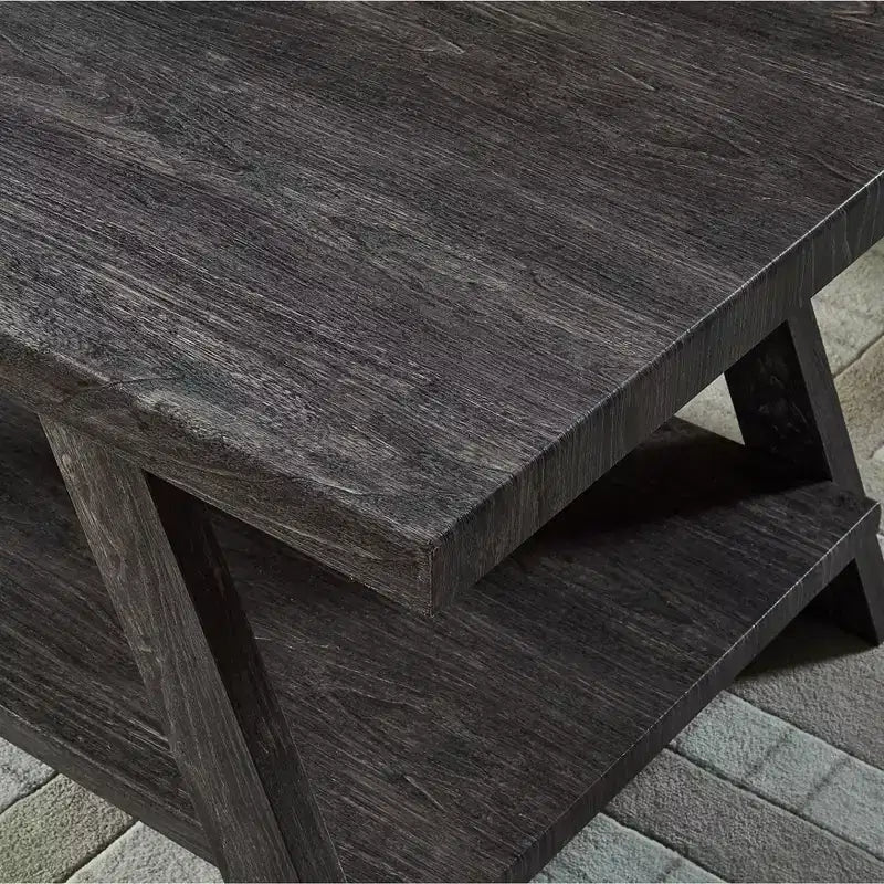 Guéridon de canapé Athens contemporain avec étagère en bois répliqué au fini charbon