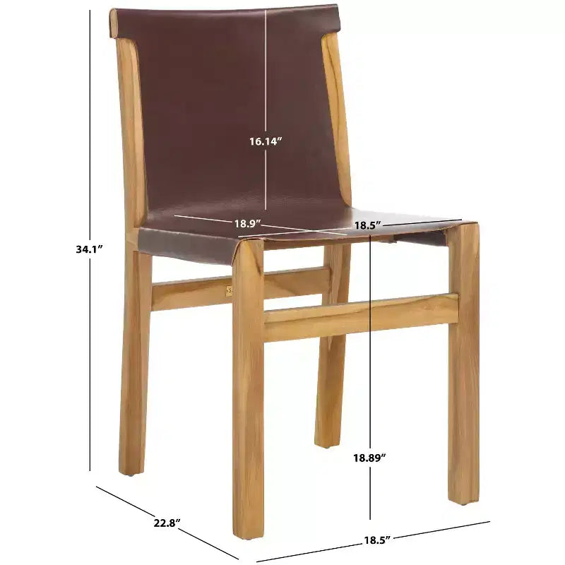 Chaise de salle à manger sans accoudoirs, structure en teck avec assise en cuir cognac