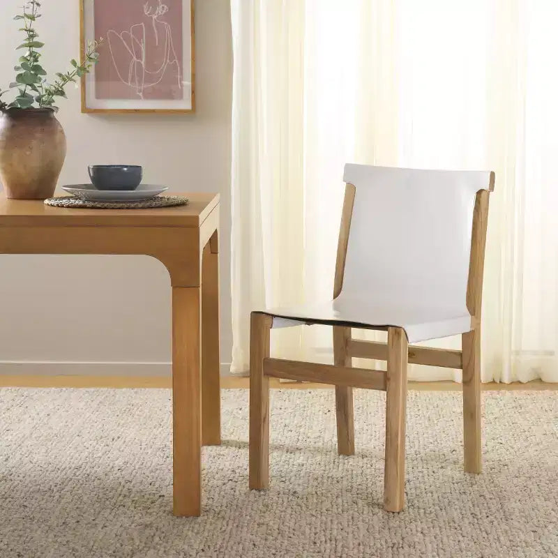 Chaise de salle à manger sans accoudoirs, structure en teck avec assise en cuir cognac