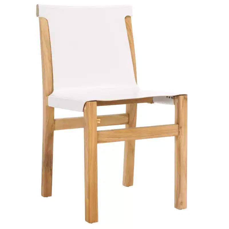 Chaise de salle à manger sans accoudoirs, structure en teck avec assise en cuir cognac