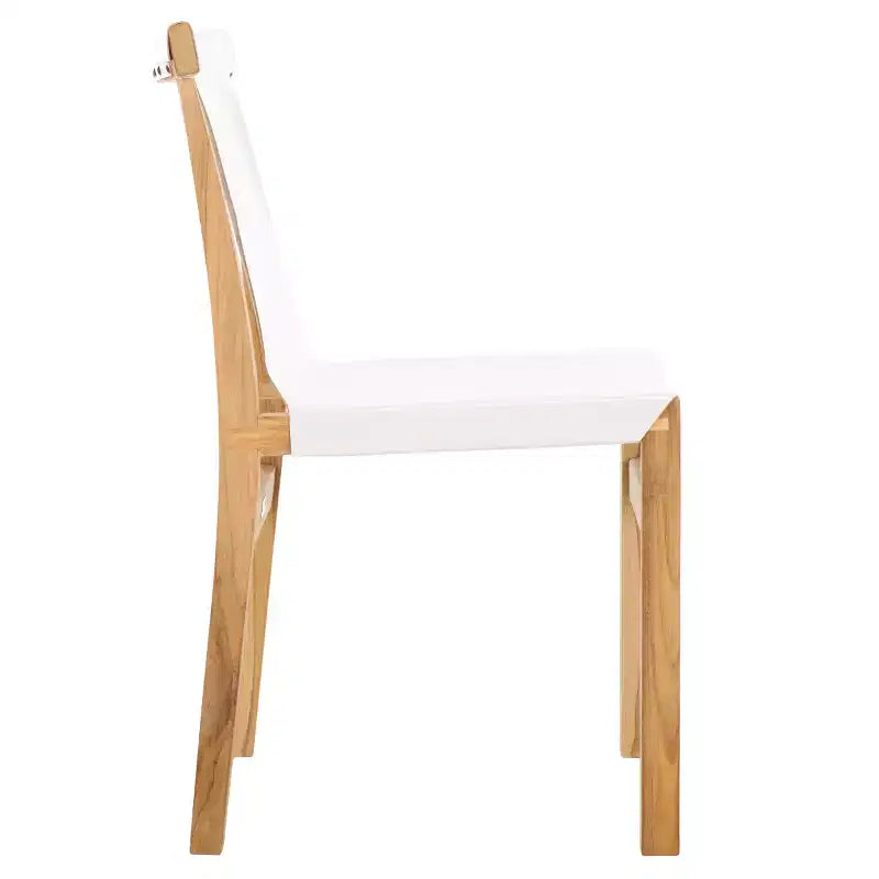 Chaise de salle à manger sans accoudoirs, structure en teck avec assise en cuir cognac
