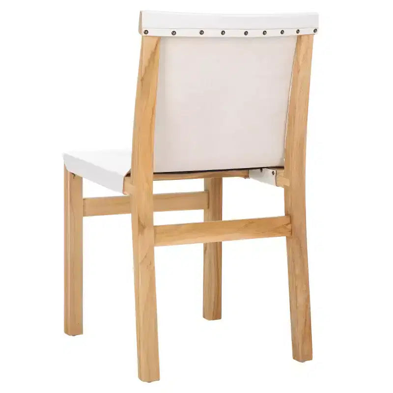 Chaise de salle à manger sans accoudoirs, structure en teck avec assise en cuir cognac
