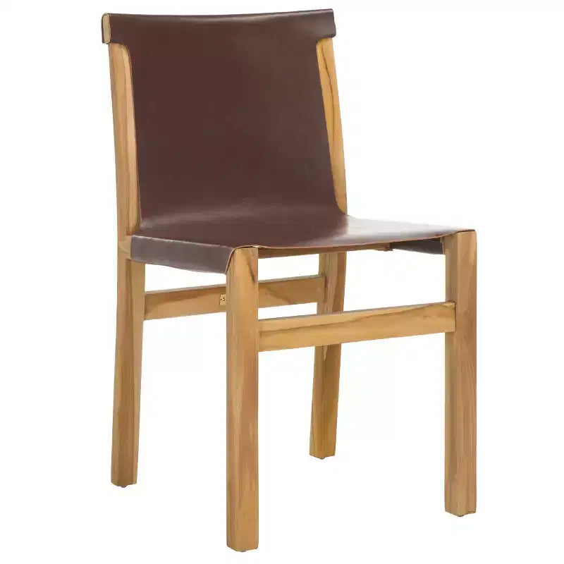 Chaise de salle à manger sans accoudoirs, structure en teck avec assise en cuir cognac