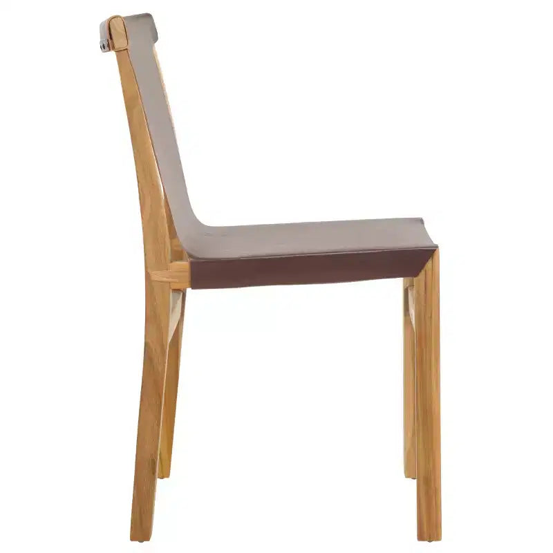 Chaise de salle à manger sans accoudoirs, structure en teck avec assise en cuir cognac