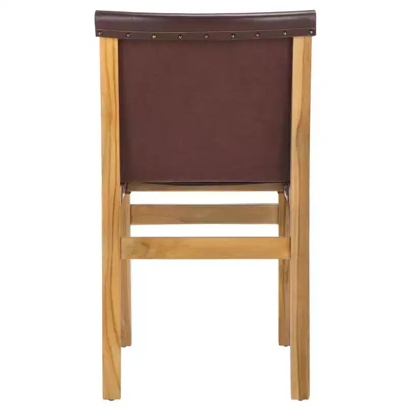 Chaise de salle à manger sans accoudoirs, structure en teck avec assise en cuir cognac