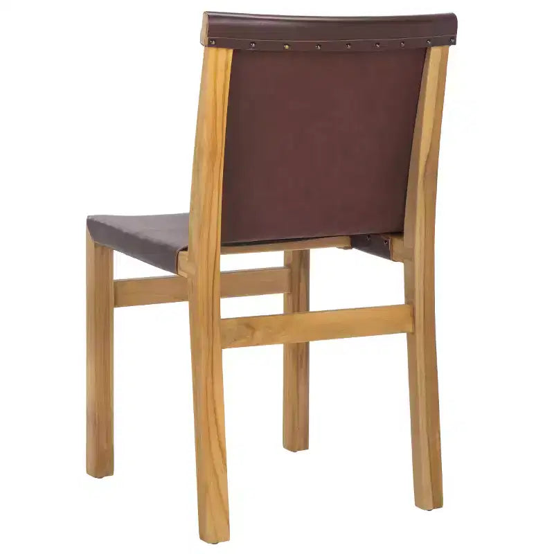 Chaise de salle à manger sans accoudoirs, structure en teck avec assise en cuir cognac