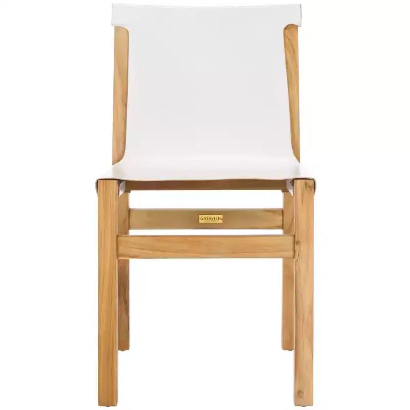 Chaise de salle à manger sans accoudoirs, structure en teck avec assise en cuir cognac