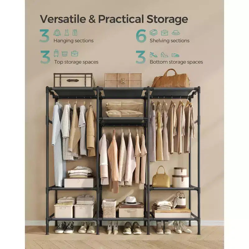 Placard portable grande capacité de 72 pouces, organisateur de penderie robuste avec tringles à suspendre et étagères, noir encre