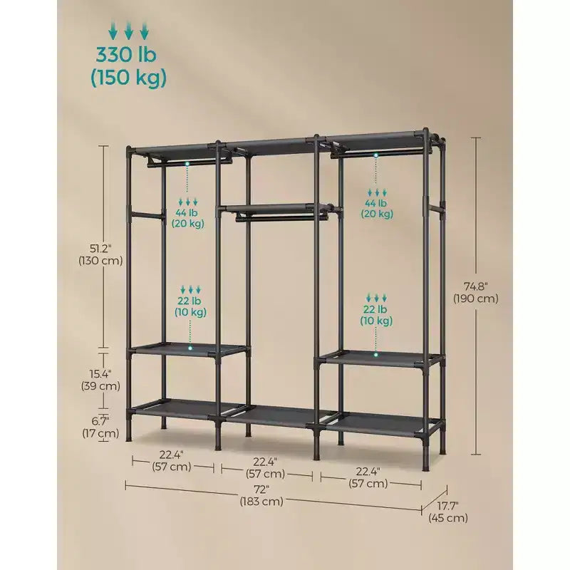 Placard portable grande capacité de 72 pouces, organisateur de penderie robuste avec tringles à suspendre et étagères, noir encre