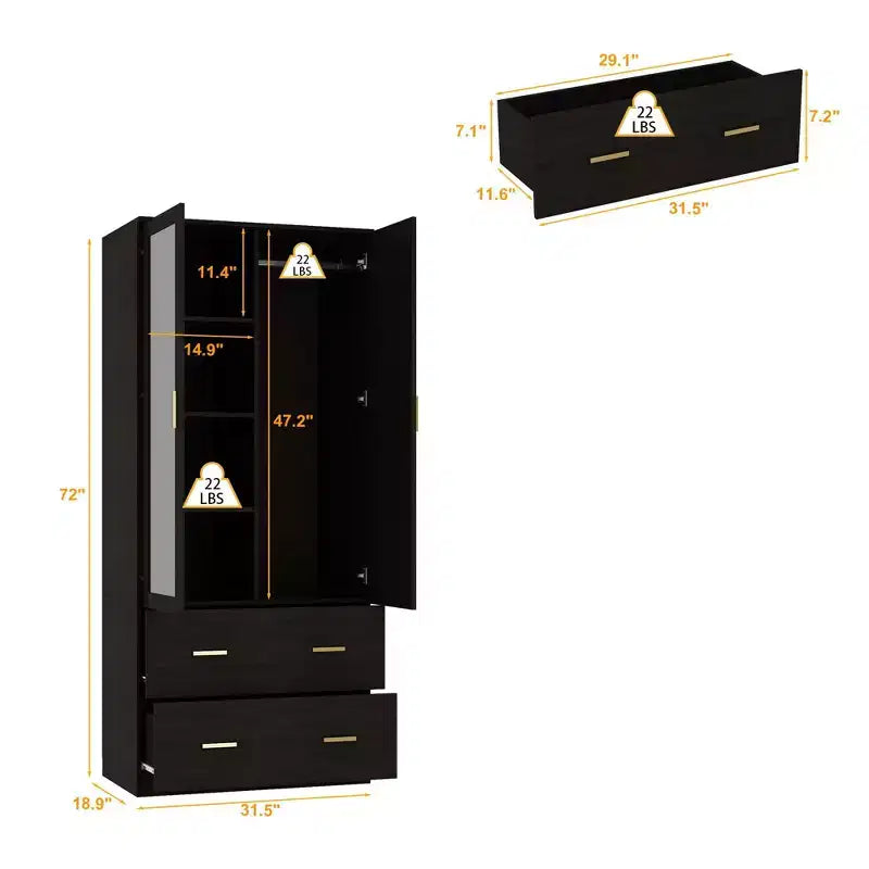 Organisateur de vêtements de garde-robe multi-rangements avec miroir et tringles de suspension