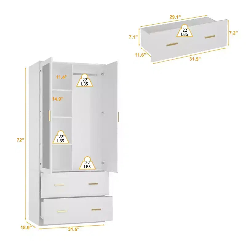 Organisateur de vêtements de garde-robe multi-rangements avec miroir et tringles de suspension