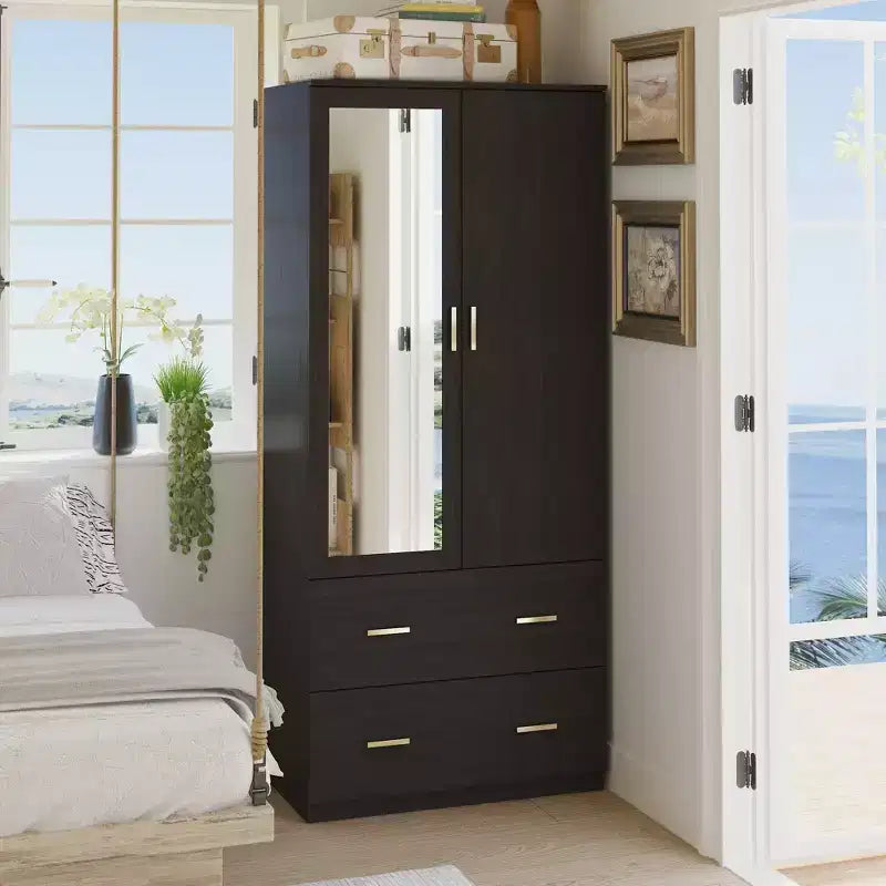Organisateur de vêtements de garde-robe multi-rangements avec miroir et tringles de suspension