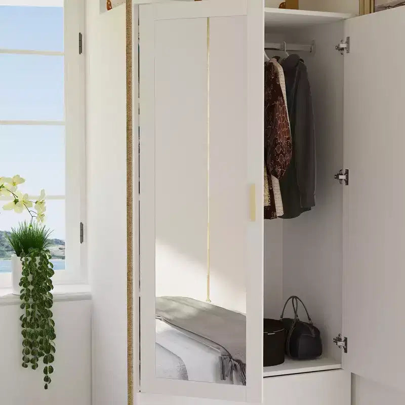 Organisateur de vêtements de garde-robe multi-rangements avec miroir et tringles de suspension
