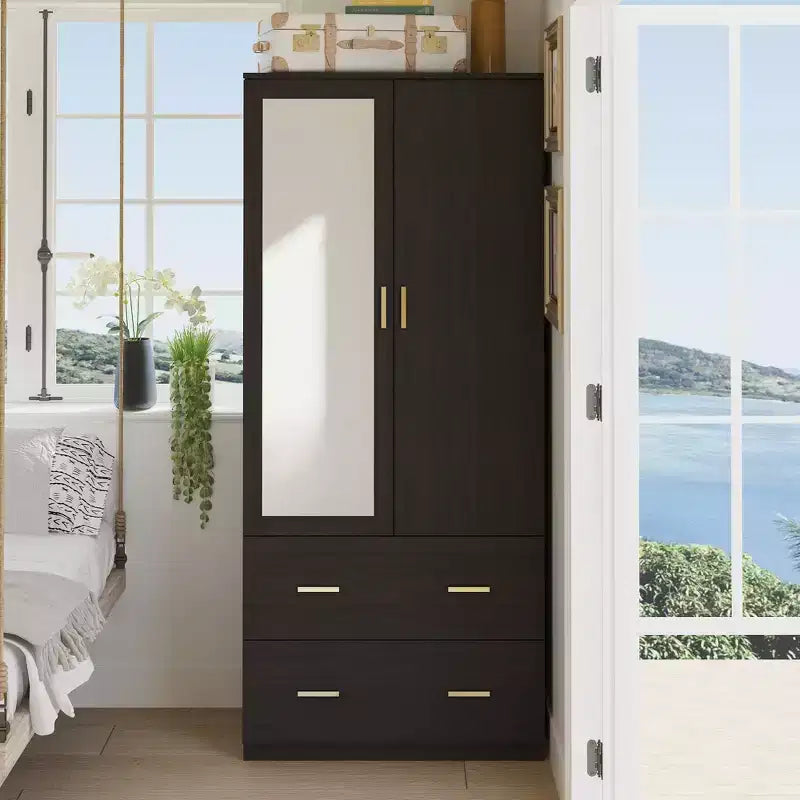 Organisateur de vêtements de garde-robe multi-rangements avec miroir et tringles de suspension