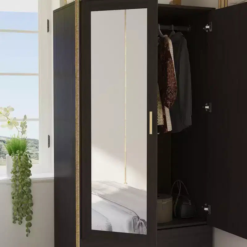 Organisateur de vêtements de garde-robe multi-rangements avec miroir et tringles de suspension