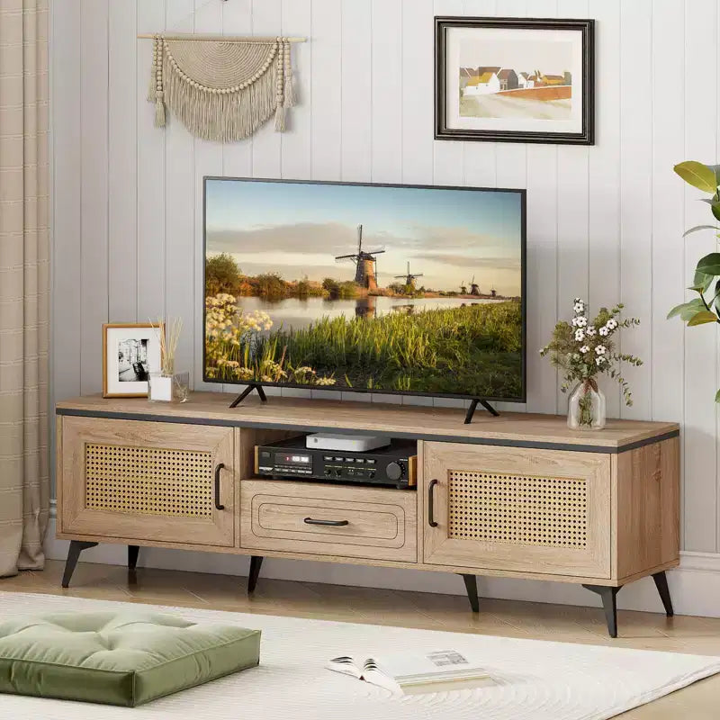 Meuble TV bohème pour téléviseurs de 65 pouces, meuble de divertissement moderne avec tiroir et 2 armoires de rangement
