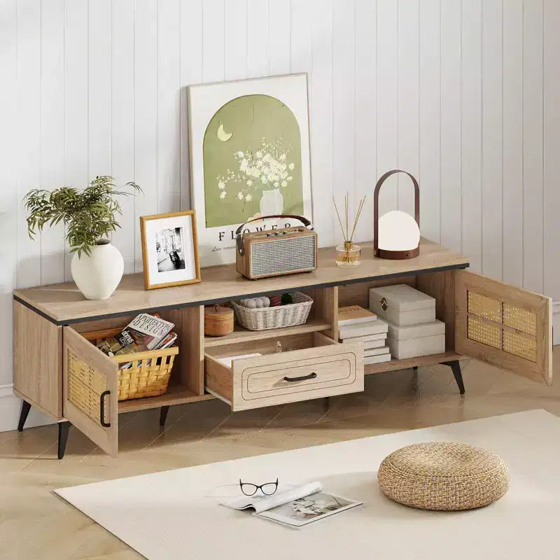 Meuble TV bohème pour téléviseurs de 65 pouces, meuble de divertissement moderne avec tiroir et 2 armoires de rangement