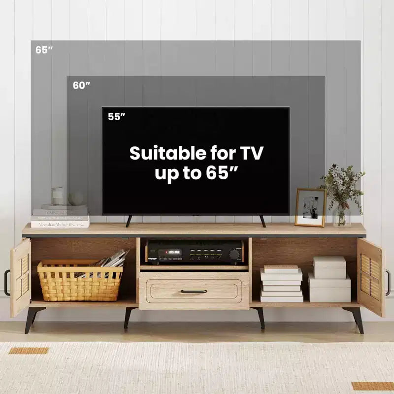 Meuble TV bohème pour téléviseurs de 65 pouces, meuble de divertissement moderne avec tiroir et 2 armoires de rangement