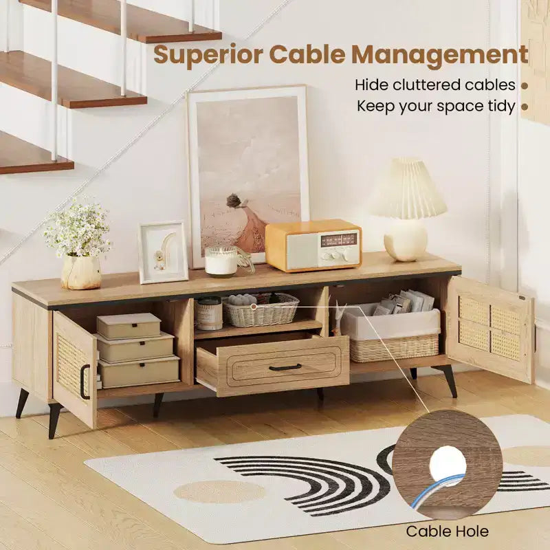 Meuble TV bohème pour téléviseurs de 65 pouces, meuble de divertissement moderne avec tiroir et 2 armoires de rangement