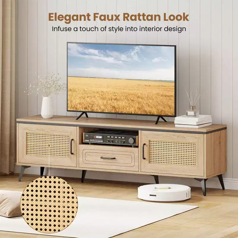 Meuble TV bohème pour téléviseurs de 65 pouces, meuble de divertissement moderne avec tiroir et 2 armoires de rangement