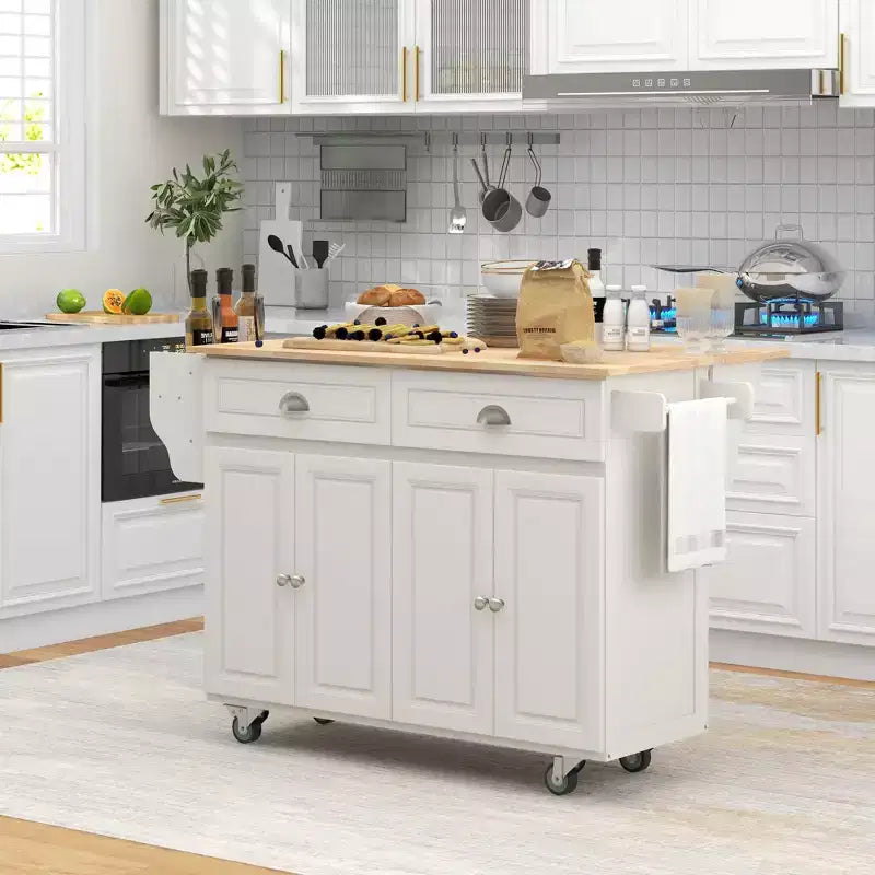 Îlot de cuisine roulant avec abattant, Desserte de cuisine à roulettes, Plateau en bois massif pour petit-déjeuner avec tiroirs de rangement, Armoires et étagère à épices