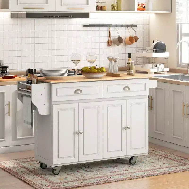 Îlot de cuisine roulant avec abattant, Desserte de cuisine à roulettes, Plateau en bois massif pour petit-déjeuner avec tiroirs de rangement, Armoires et étagère à épices