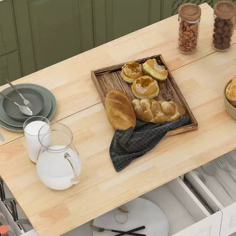 Îlot de cuisine roulant avec abattant, Desserte de cuisine à roulettes, Plateau en bois massif pour petit-déjeuner avec tiroirs de rangement, Armoires et étagère à épices
