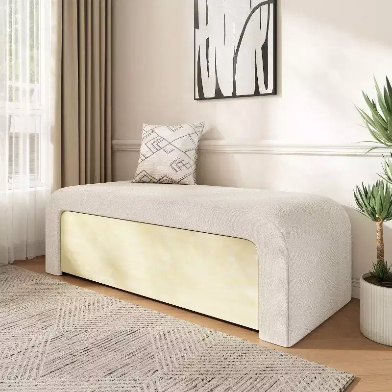 Banc pouf incurvé élégant avec tiroir, banc de rangement bouclette moelleux pour pied de lit, capacité 136 kg, marron clair/blanc