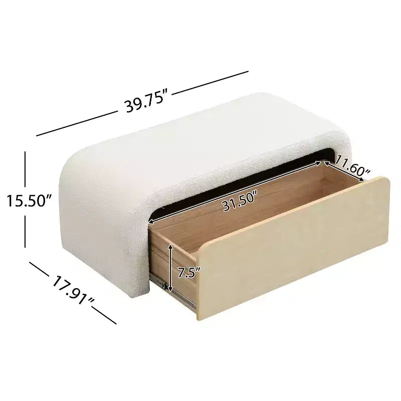 Banc pouf incurvé élégant avec tiroir, banc de rangement bouclette moelleux pour pied de lit, capacité 136 kg, marron clair/blanc