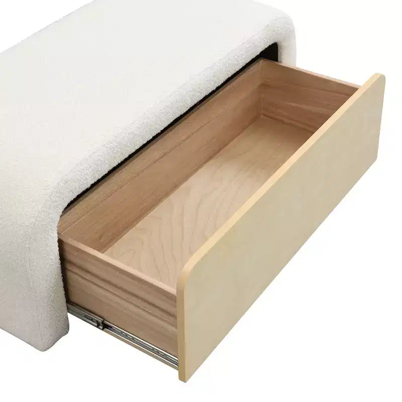 Banc pouf incurvé élégant avec tiroir, banc de rangement bouclette moelleux pour pied de lit, capacité 136 kg, marron clair/blanc