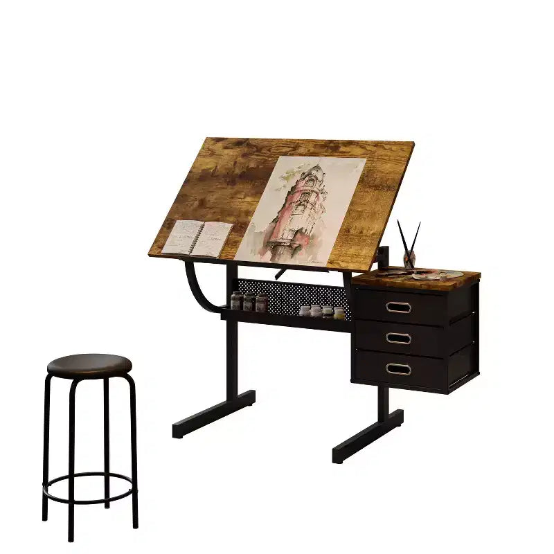Table à Dessin Réglable en Hauteur avec Tabouret et 3 Tiroirs de Rangement, Noir