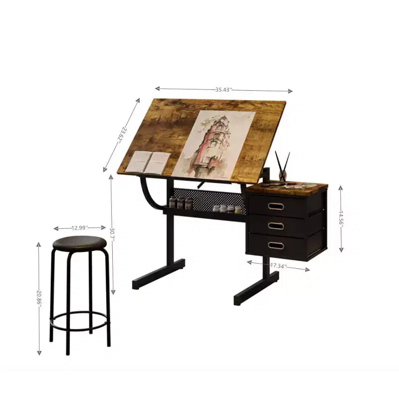 Table à Dessin Réglable en Hauteur avec Tabouret et 3 Tiroirs de Rangement, Noir