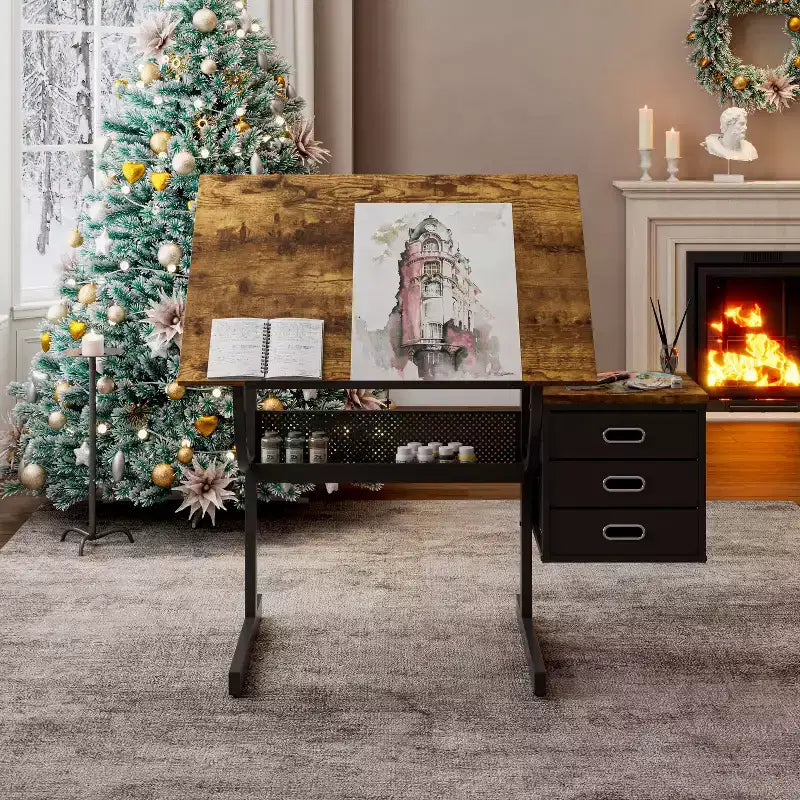 Table à Dessin Réglable en Hauteur avec Tabouret et 3 Tiroirs de Rangement, Noir