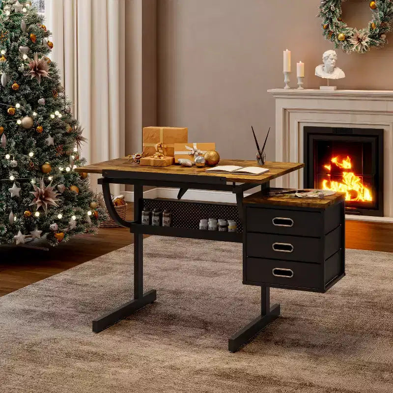 Table à Dessin Réglable en Hauteur avec Tabouret et 3 Tiroirs de Rangement, Noir