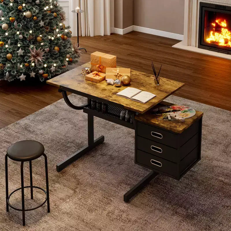 Table à Dessin Réglable en Hauteur avec Tabouret et 3 Tiroirs de Rangement, Noir