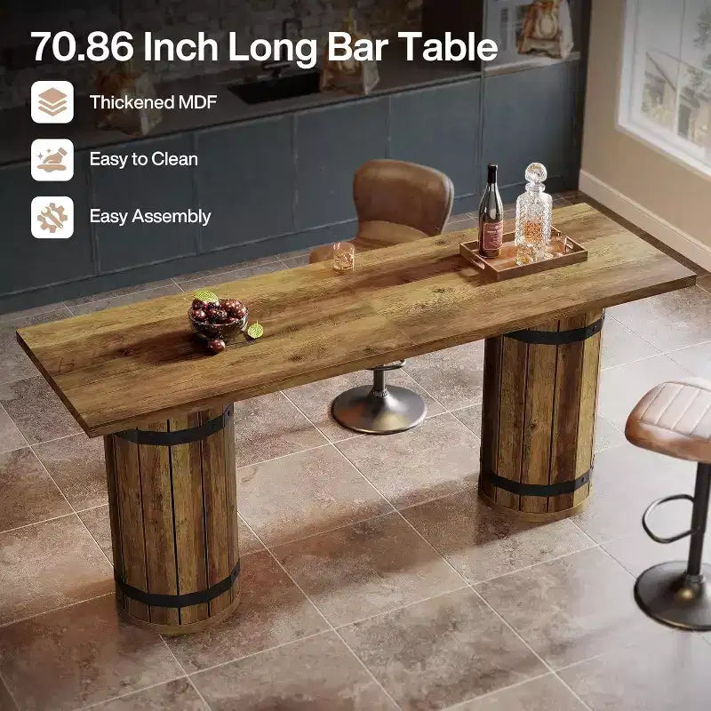 Table de bar industrielle de 180 cm, table de pub hauteur comptoir, meuble de bar rectangulaire pour salon, petits bars