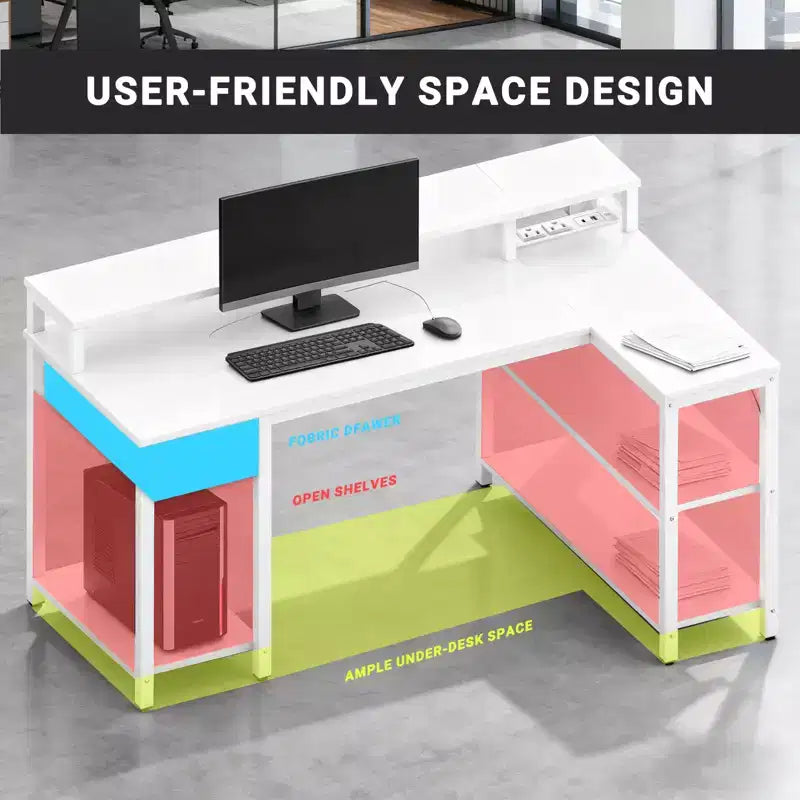 Bureau de gamer en L avec éclairage LED RGB, station de recharge USB, prise de courant, support d'écran et étagères de rangement