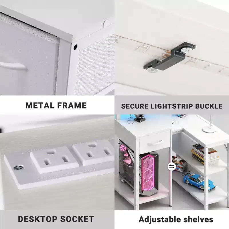 Bureau de gamer en L avec éclairage LED RGB, station de recharge USB, prise de courant, support d'écran et étagères de rangement