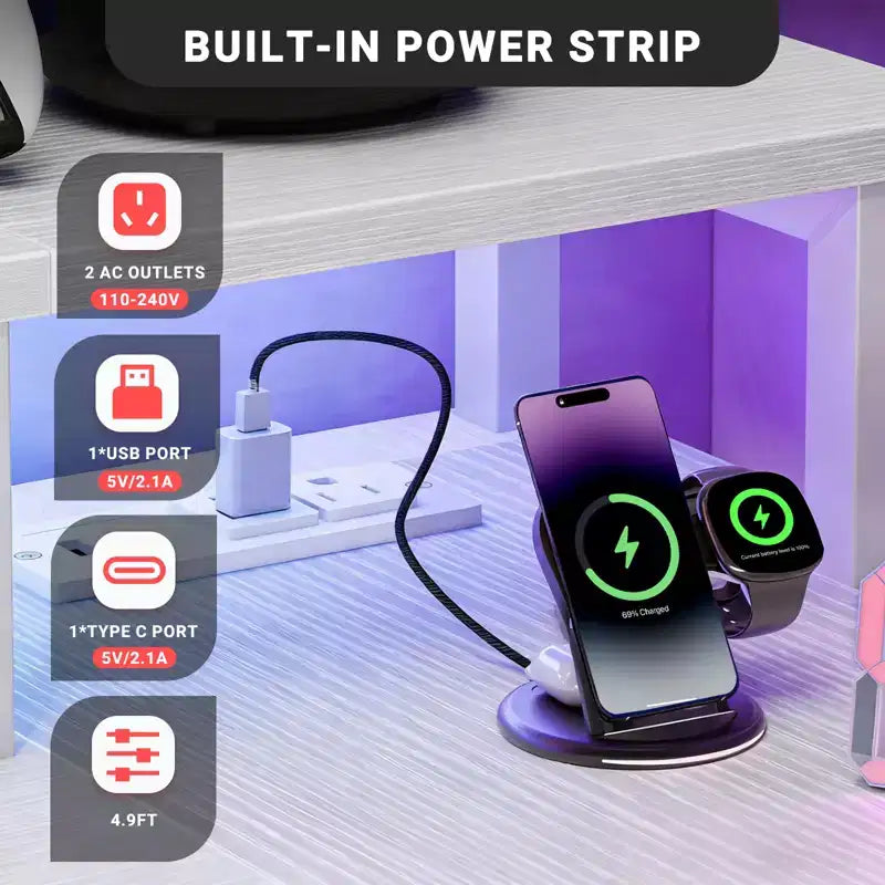 Bureau de gamer en L avec éclairage LED RGB, station de recharge USB, prise de courant, support d'écran et étagères de rangement