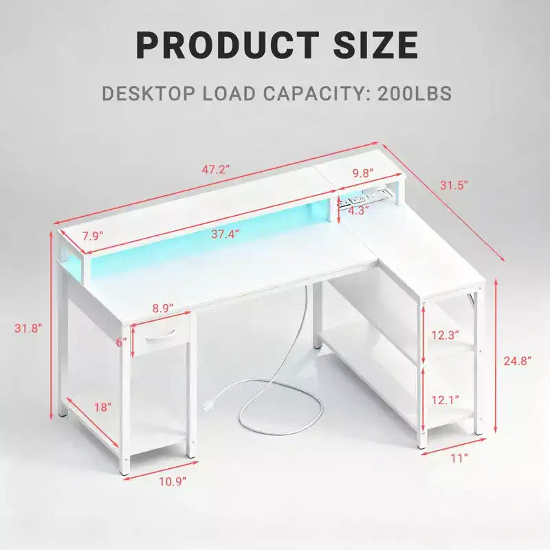 Bureau de gamer en L avec éclairage LED RGB, station de recharge USB, prise de courant, support d'écran et étagères de rangement