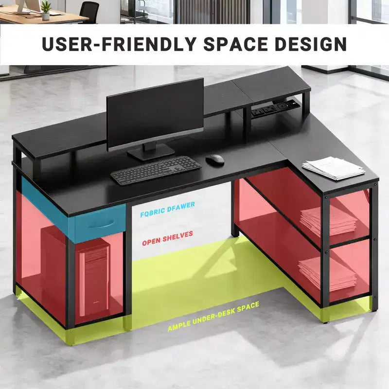 Bureau de gamer en L avec éclairage LED RGB, station de recharge USB, prise de courant, support d'écran et étagères de rangement