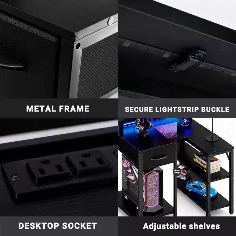 Bureau de gamer en L avec éclairage LED RGB, station de recharge USB, prise de courant, support d'écran et étagères de rangement
