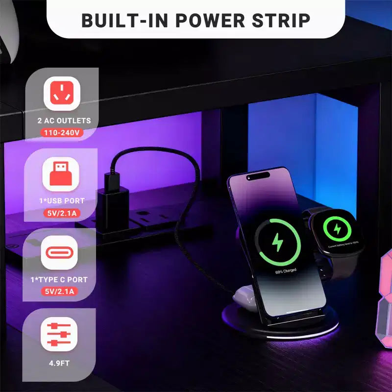 Bureau de gamer en L avec éclairage LED RGB, station de recharge USB, prise de courant, support d'écran et étagères de rangement