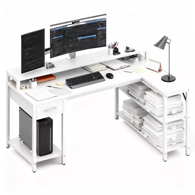 Bureau de gamer en L avec éclairage LED RGB, station de recharge USB, prise de courant, support d'écran et étagères de rangement