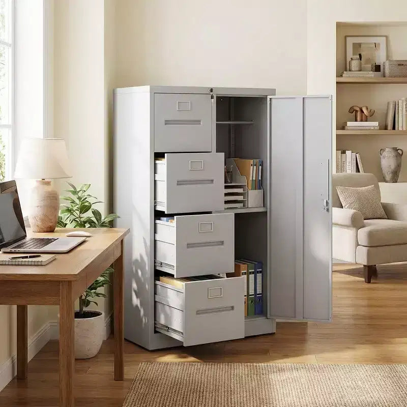 Armoire de rangement verticale en métal blanc à 4 tiroirs et 1 porte avec serrure de 132 cm, classeur en acier pour la maison, le bureau, l'école et le salon