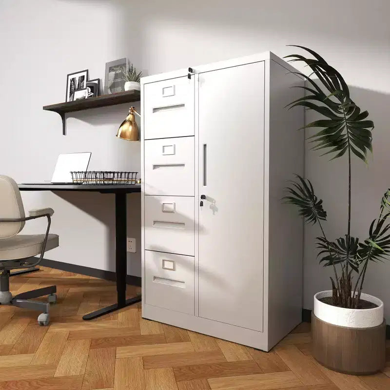 Armoire de rangement verticale en métal blanc à 4 tiroirs et 1 porte avec serrure de 132 cm, classeur en acier pour la maison, le bureau, l'école et le salon