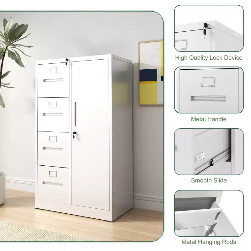 Armoire de rangement verticale en métal blanc à 4 tiroirs et 1 porte avec serrure de 132 cm, classeur en acier pour la maison, le bureau, l'école et le salon