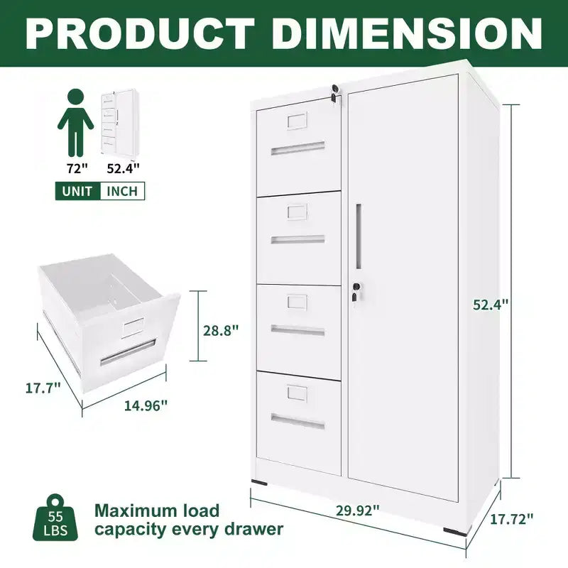 Armoire de rangement verticale en métal blanc à 4 tiroirs et 1 porte avec serrure de 132 cm, classeur en acier pour la maison, le bureau, l'école et le salon