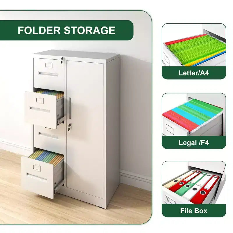 Armoire de rangement verticale en métal blanc à 4 tiroirs et 1 porte avec serrure de 132 cm, classeur en acier pour la maison, le bureau, l'école et le salon